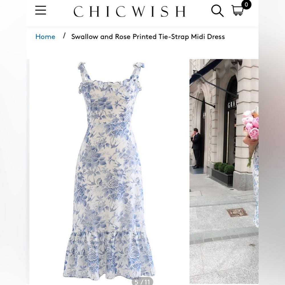 SWALLOW AND ROSE PRINTED TIE-STRAP MIDI DRESS